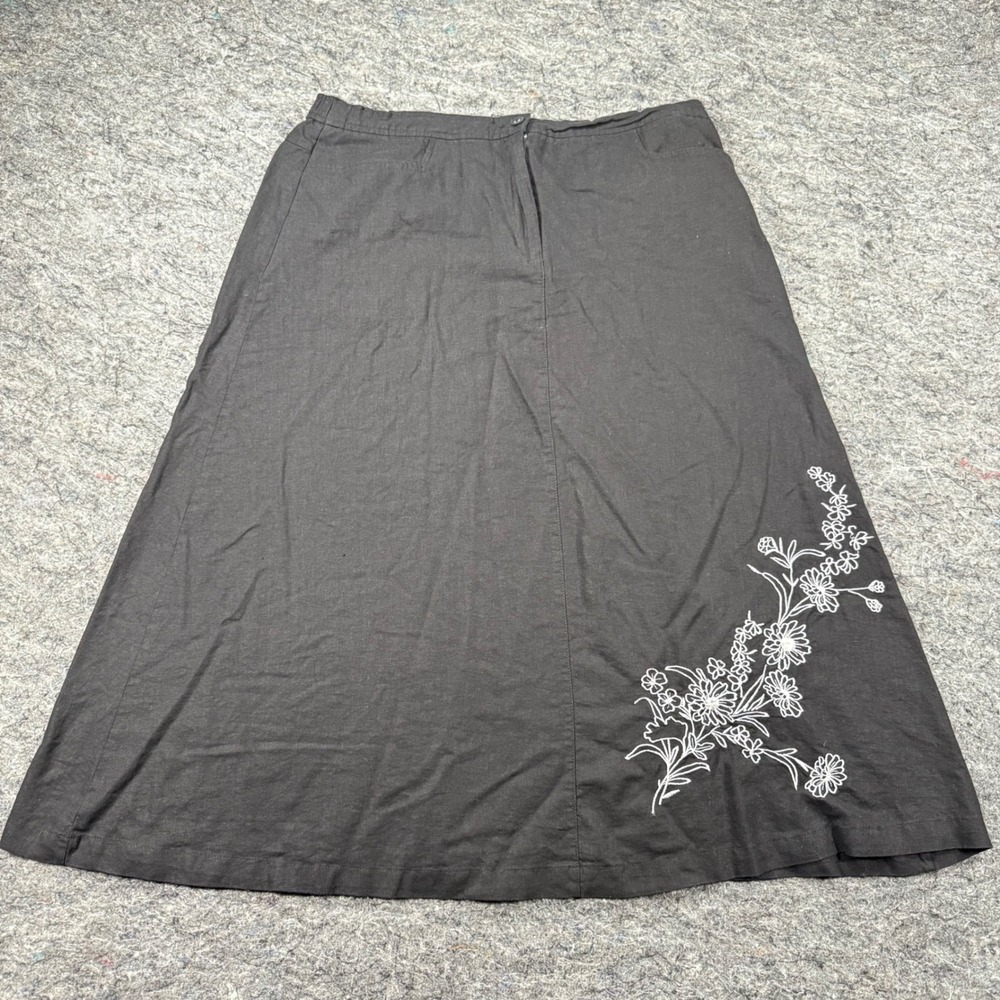 Sag Harbor Black Linen Blend Embroidered Floral Midi Skirt Womens 14 T73032JC